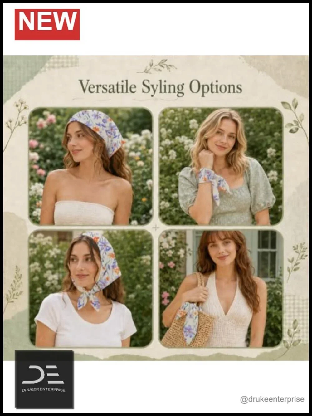 Floral Bandana Lightweight Head Scarf Multi-Use Cotton Scarf 20.8